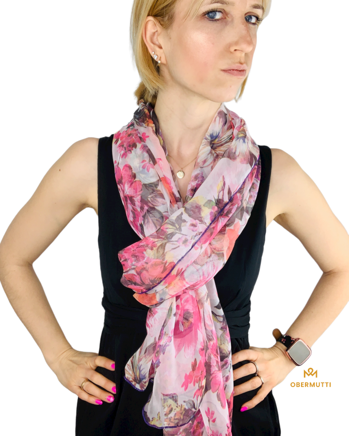Preview: Schal aus Seide in der Farbe Rosa mit buntem Blumenprint